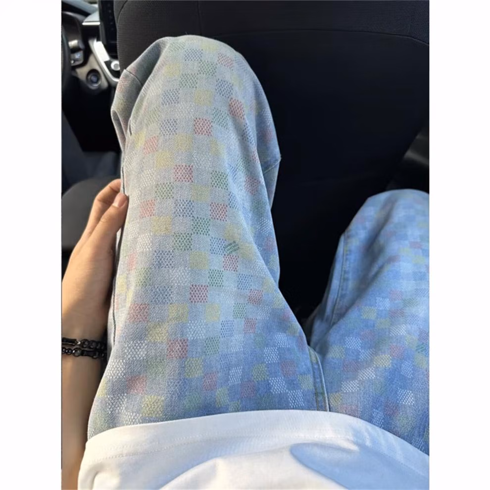 Color Plaid Jeans Men's Autumn Trend Slim-Fit Skinny Pants American High Street Straight Casual Pants, Blue S_mkmklike.com