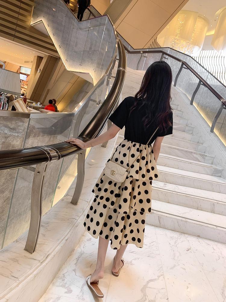 长裙子仙女连衣裙到脚踝学生夏韩版女装蛋糕裙短袖t恤拼接波点裙仙女