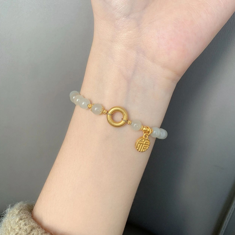 手链女生夏花丝绣球花和田玉珠七夕礼物 平安扣大吉大利手链【图片