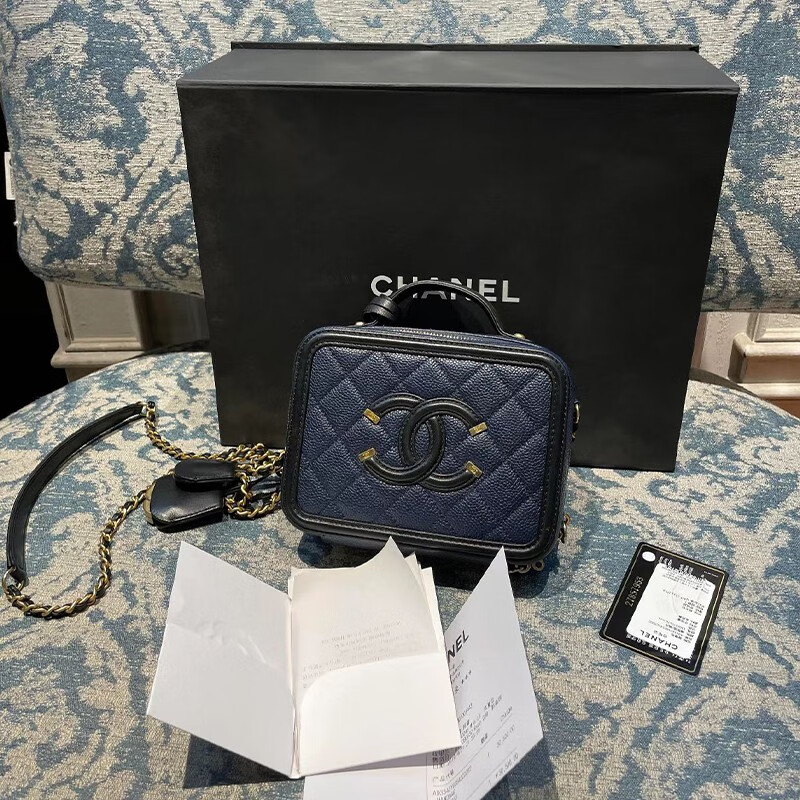 【二手99新】chanel香奈儿女包 box海军蓝小号 小牛皮化妆包 时尚百搭