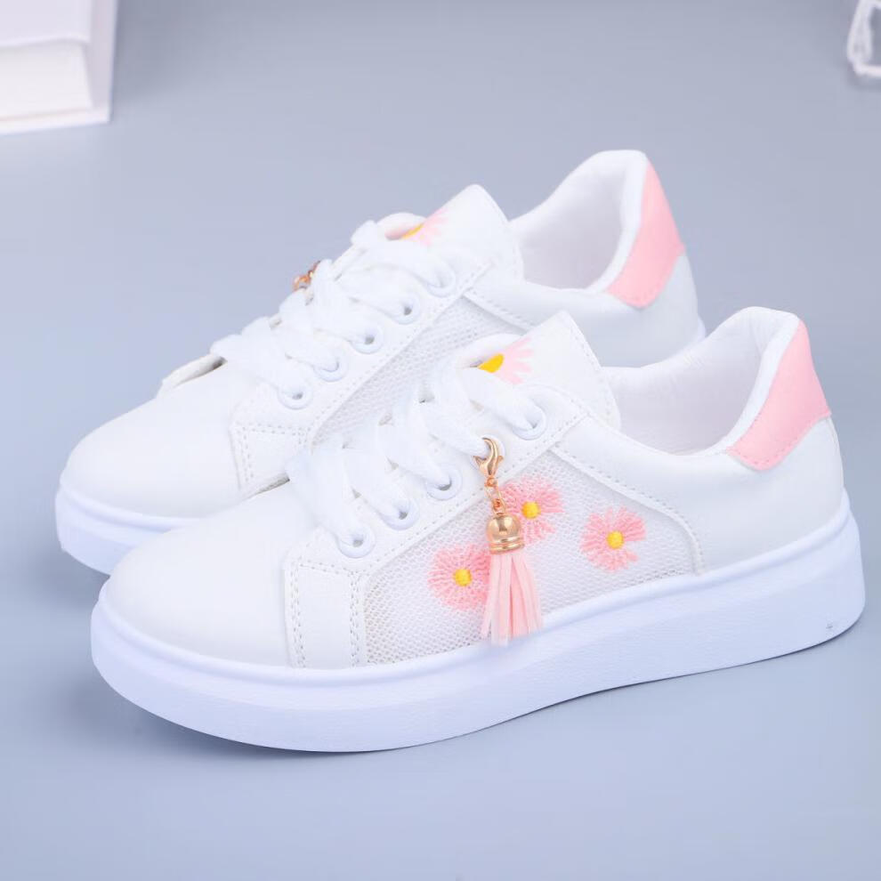 女童板鞋子新款儿童运动鞋小学生透气网面女孩百搭流苏小白鞋白绿萍b0