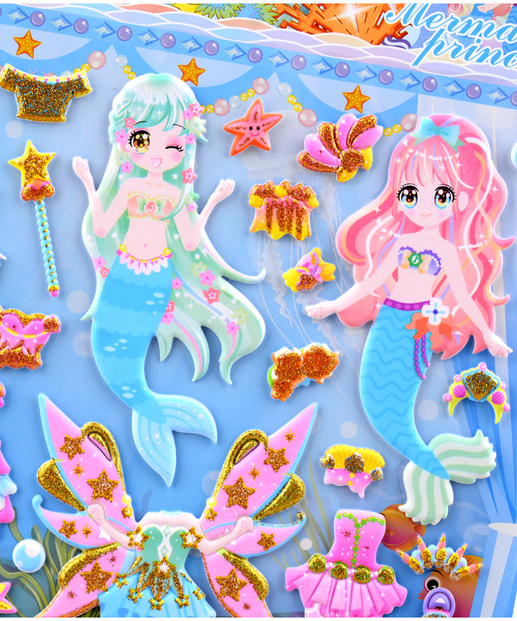 儿童贴纸美人鱼换装贴纸女孩人鱼公主百变穿衣服立体泡泡贴粘贴画dq10