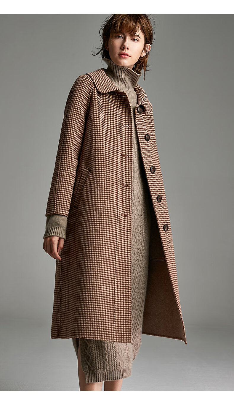 法曼萱流行格子大衣女中长款秋冬新款双面羊绒千鸟格毛呢外套驼色格子
