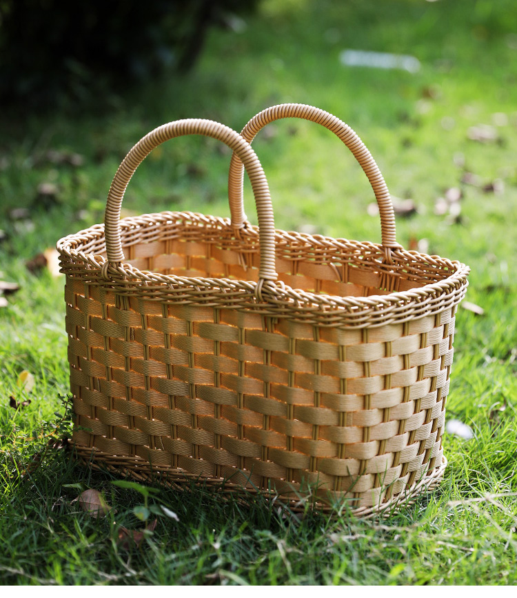 篮日式买菜篮子手提花篮编织包野餐篮宠物水果篮织带提手浅紫色小号