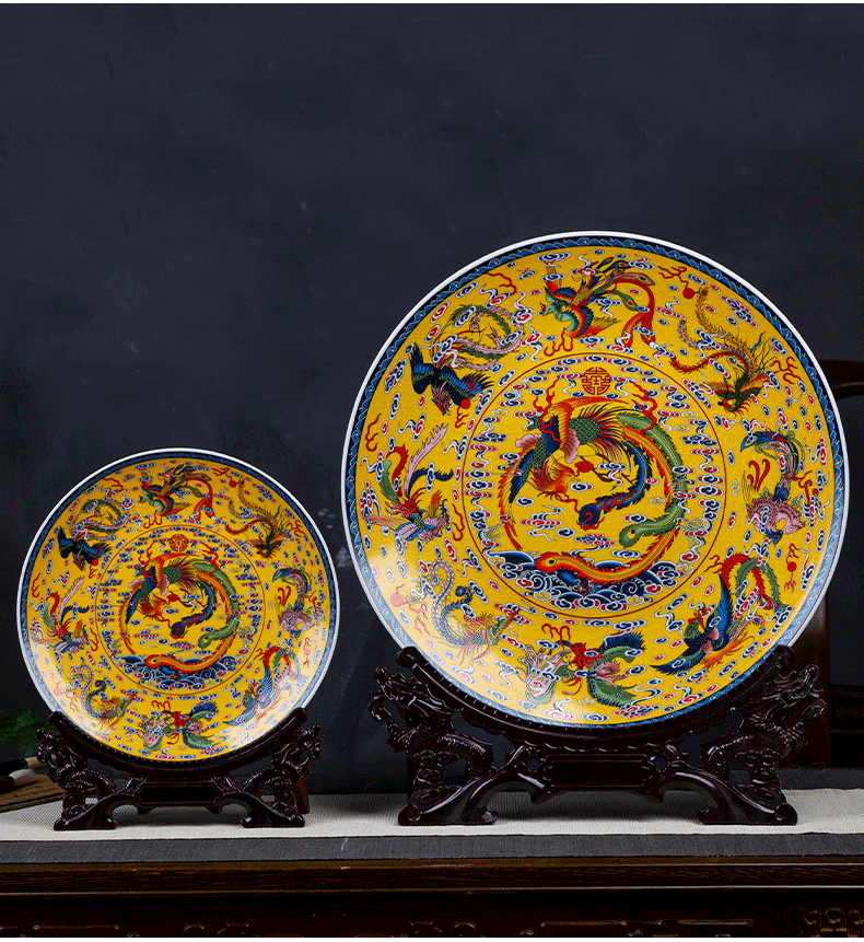 瓷器陶瓷装饰盘子大号摆件九凤图中式家居客厅玄关摆盘瓷盘 26cm盘