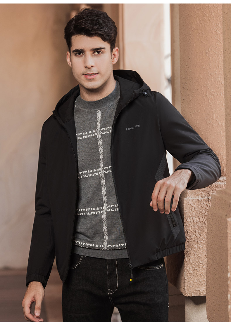 爱登堡男装冬季新款连帽夹克男士潮流修身百搭青年外套潮黑色180