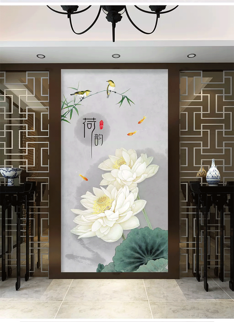 多美莱3d荷花新中式玄关过道走廊背景墙荷韵意境禅意无缝壁纸花鸟墙纸