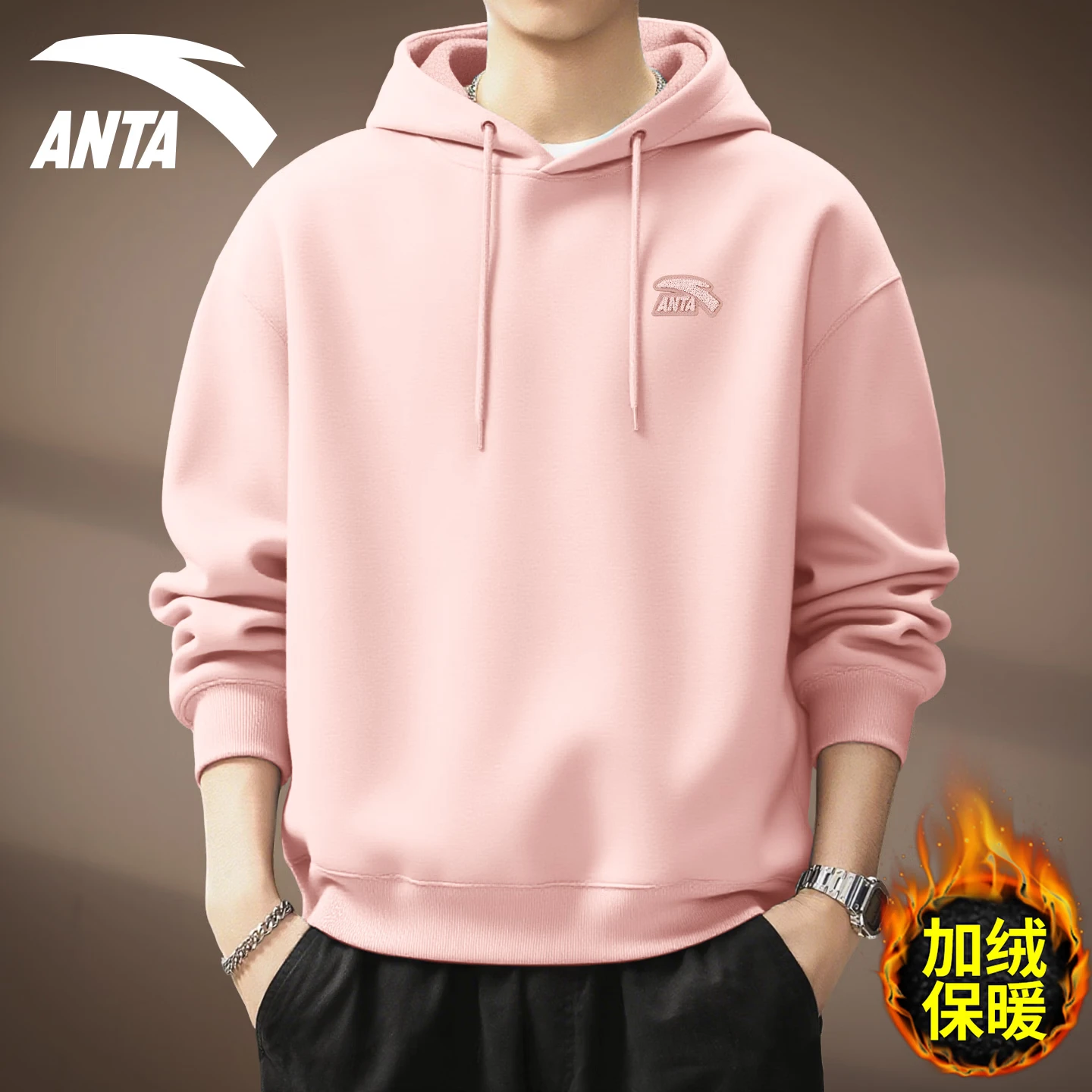 Anta hooded sweatshirt Men's Spring/Autumn 2026 New Loose, Casual and Versatile Sport top with fleece warm long-sleeved jacket [Fleece Style] 8716-5 Cloud Grey 4XL (195) thumbnail 4