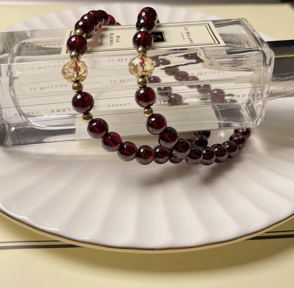 红石榴手链女酒红色石榴石切面黄水晶手串红色宝石水晶美容 8mm石榴石