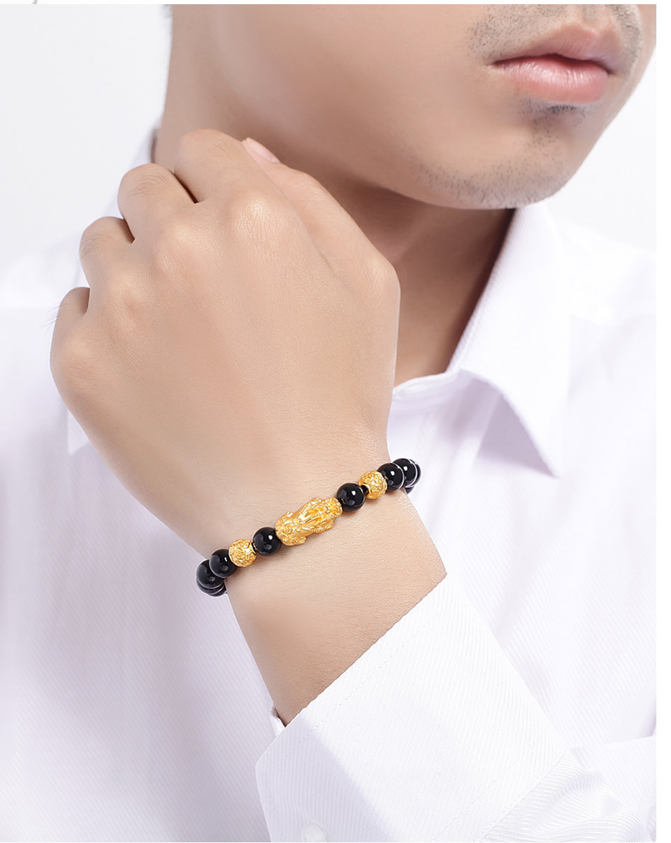 貔貅黄金手链男3d硬金黑玛瑙手串皮丘黄金手镯招财转运珠999足金手链