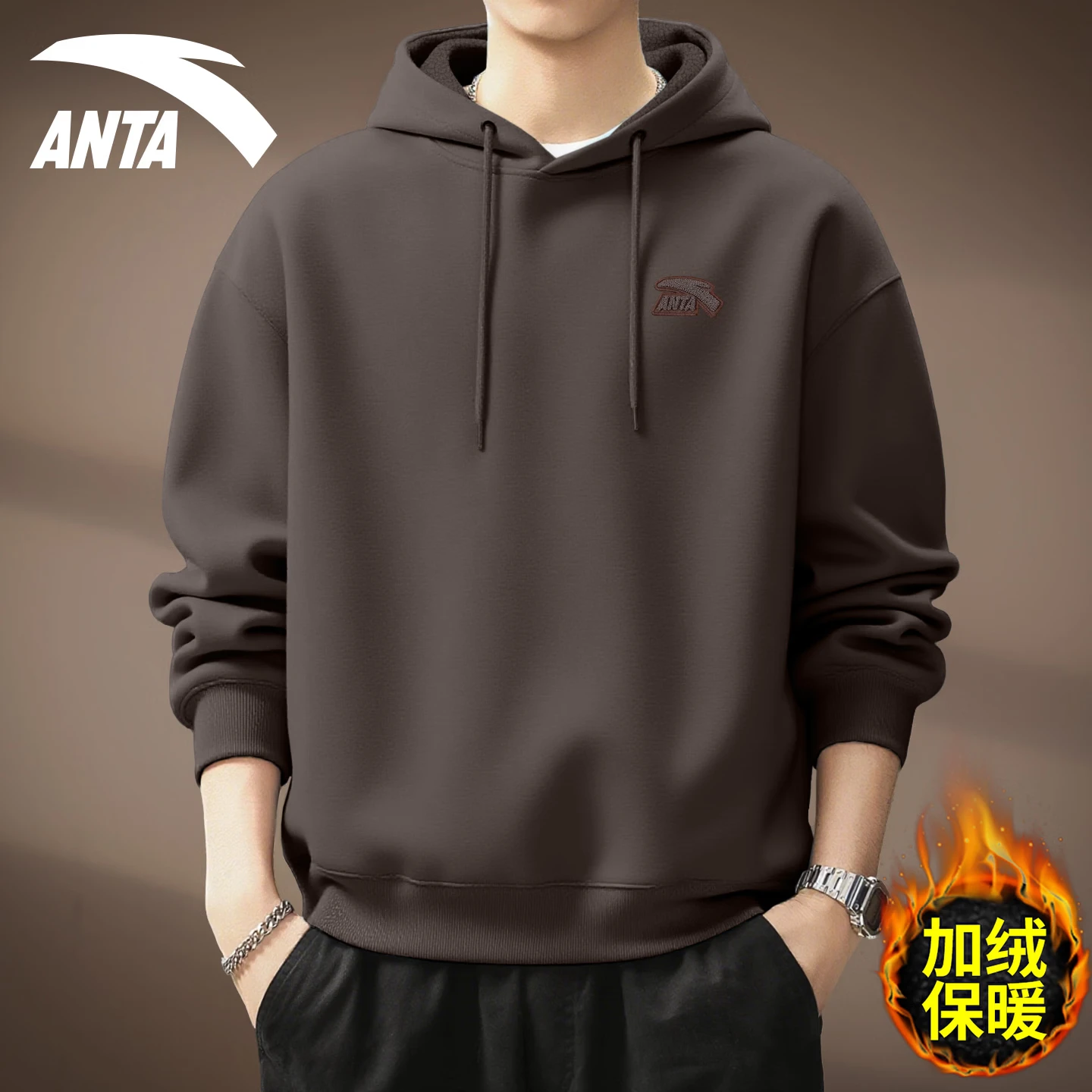 Anta hooded sweatshirt Men's Spring/Autumn 2026 New Loose, Casual and Versatile Sport top with fleece warm long-sleeved jacket [Fleece Style] 8716-5 Cloud Grey 4XL (195) thumbnail 2