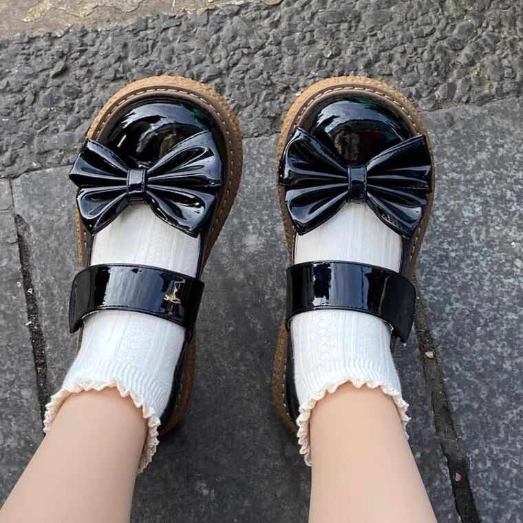 德威尼 qq糖jk鞋基础款lolita可拆卸蝴蝶结软妹大头鞋女圆头 黑色亮光