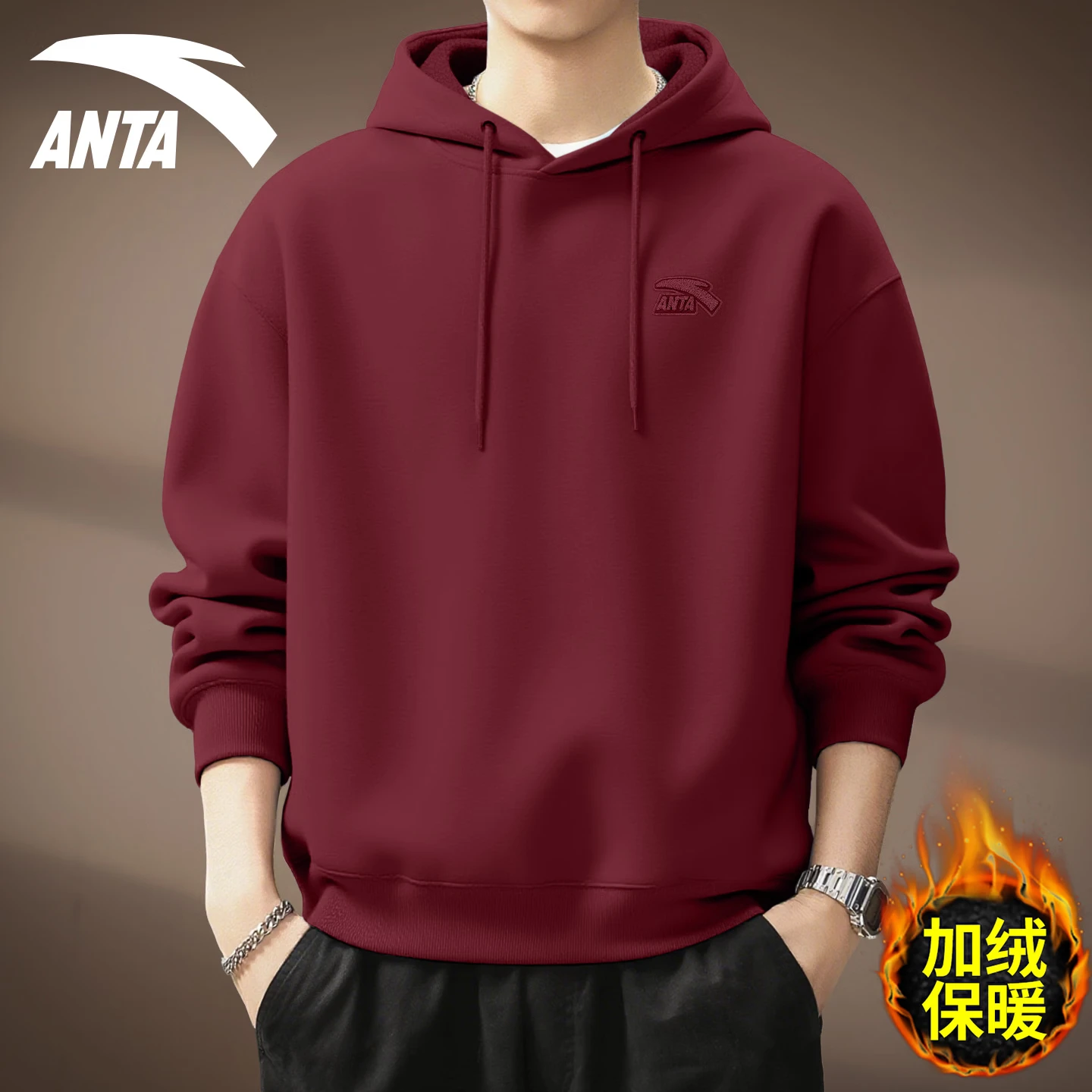 Anta hooded sweatshirt Men's Spring/Autumn 2026 New Loose, Casual and Versatile Sport top with fleece warm long-sleeved jacket [Fleece Style] 8716-5 Cloud Grey 4XL (195) thumbnail 5