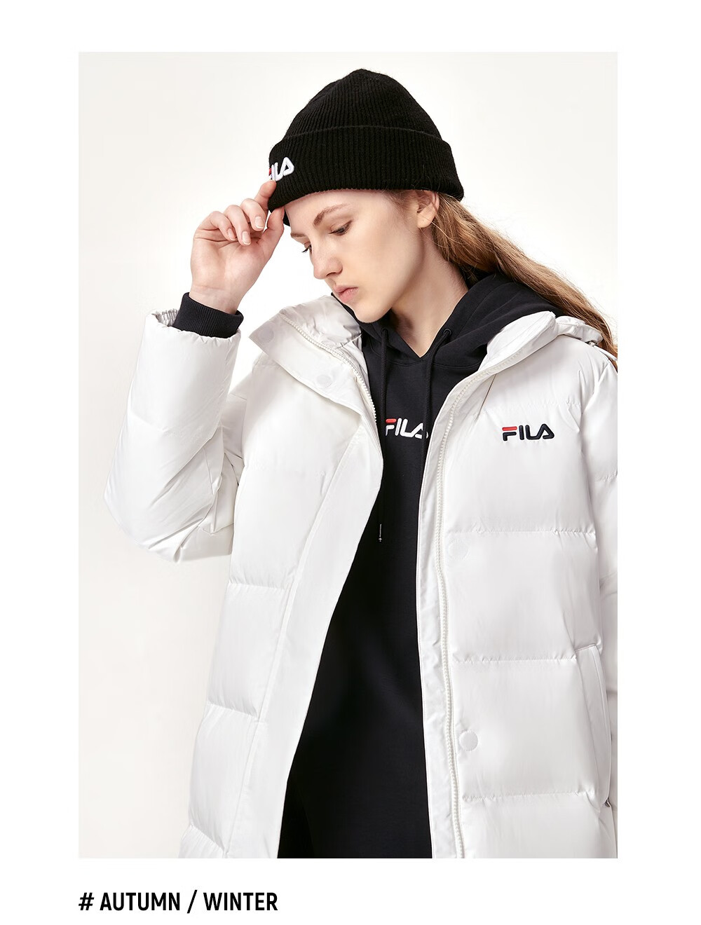 【预售】fila斐乐女装情侣羽绒服冬季中长款羽绒服保暖外套 标准白f11