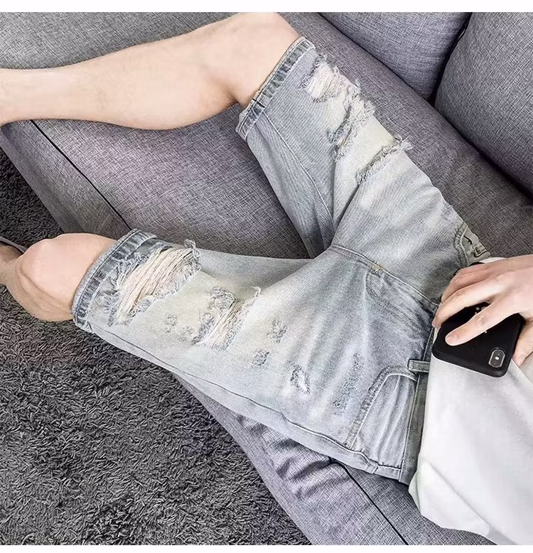 Ripped Denim Shorts Men's Summer Thin 2026 New Casual Loose Washed 5 Five-point Pants Straight Breeches, White And Blue 28_viptrois.com
