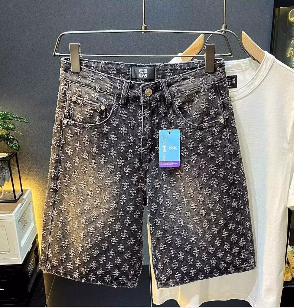 Full Print Jacquard Denim Shorts Men's Summer American Retro Trendy Brand Design Sense Student Ruffian Handsome Casual Five-point Pants, Blue S_viptrois.com