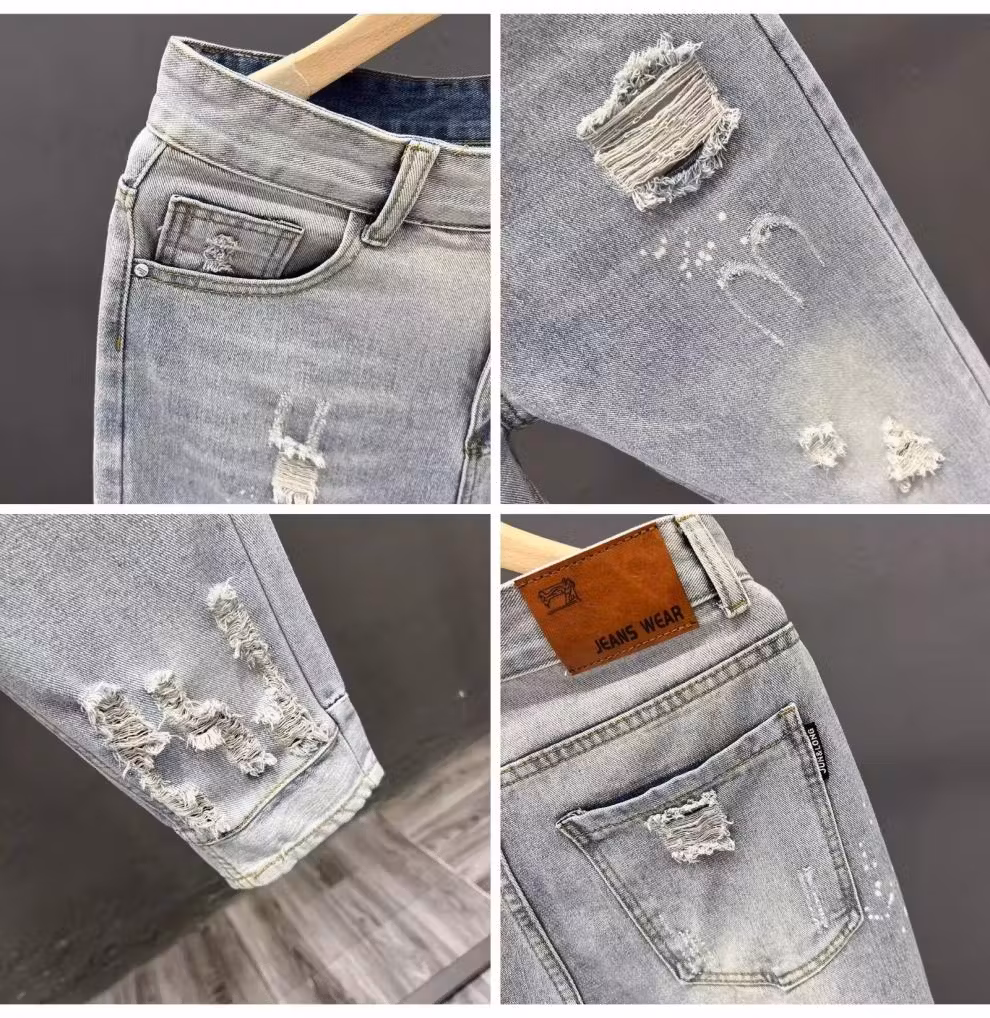 Ripped Nine-point Jeans Men's Summer Trendy Brand Elastic Straight Slim-fitting Pants Korean Version Of Student Ruffian Casual Pants, Blue 33_mkmklike.com