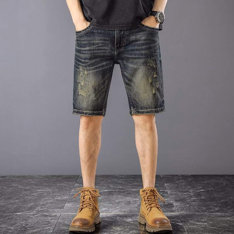 American Retro Denim Shorts Men's 2026 Summer Thin Ripped Scratched Design Handsome Casual Five-point Pants, Blue 28_mkmklike.com