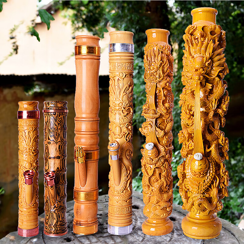 云南精品金丝楠 绿檀 藏香竹水烟筒榧木雕龙烟筒天然过滤烟具 榧木雕