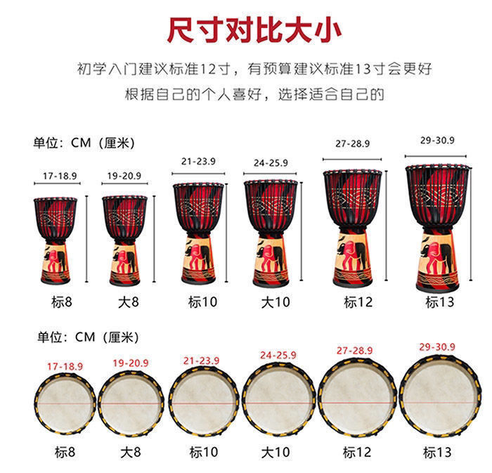 云南丽江手鼓非洲鼓初学者手拍羊皮鼓成人乐器网红红色大象标8无