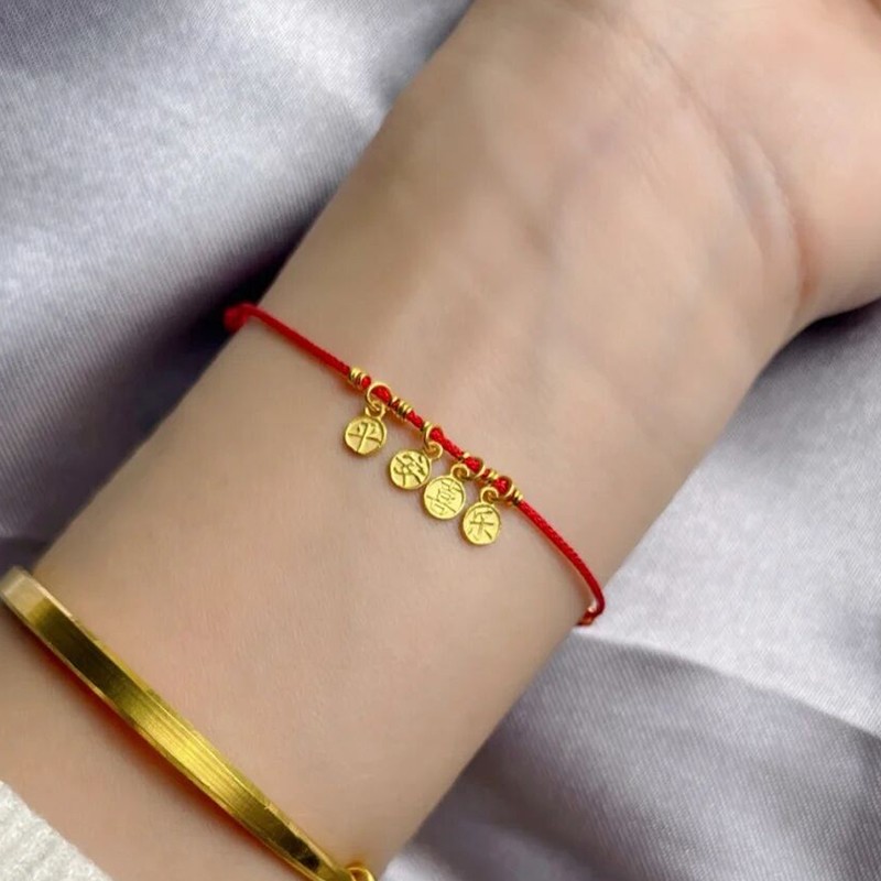 老凤凰平安喜乐黄金手链女士999足金坠子本命年红绳手链ins小众设计