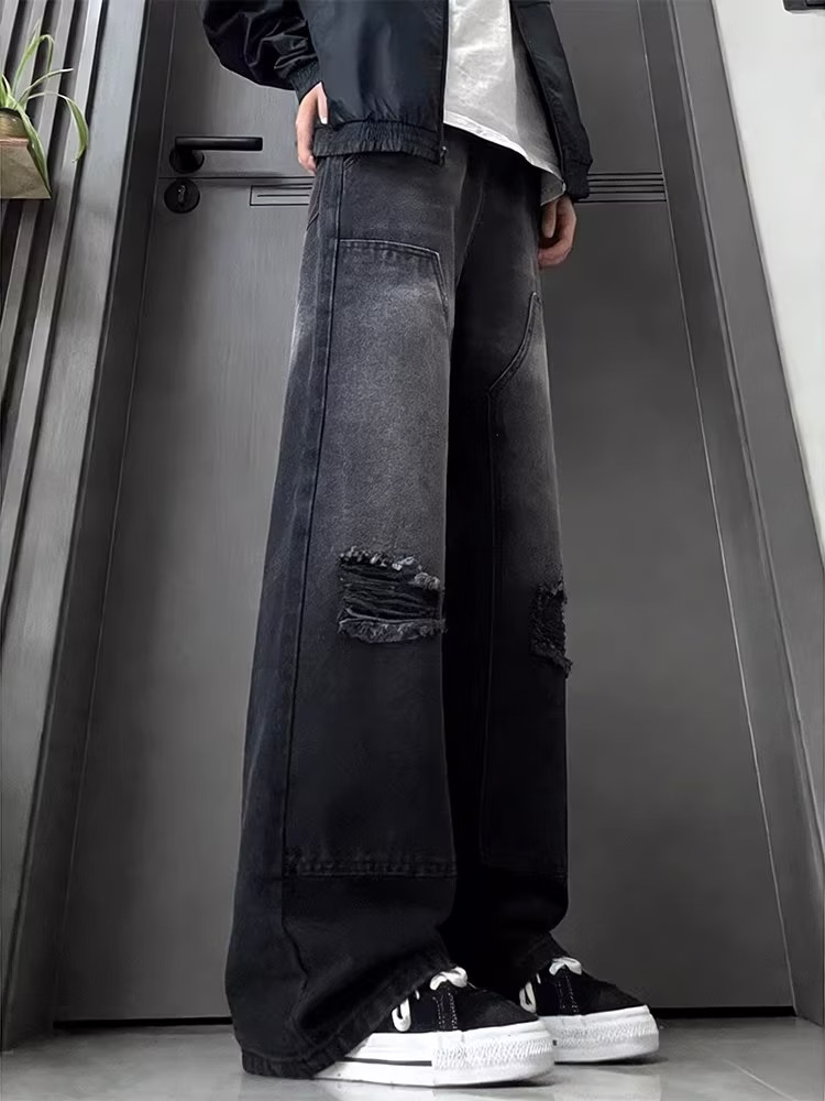 American Fake Ripped Tooling Jeans Men's American Vibe Wide-leg Pants Student Ruffian Handsome Micro-straight Casual Pants, Color (black) S_mkmklike.com