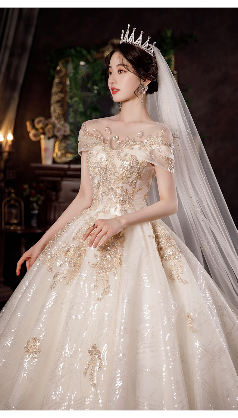 南糖三色一字肩婚纱2021夏季新款法式感复古宫廷风大拖尾主纱仙女范