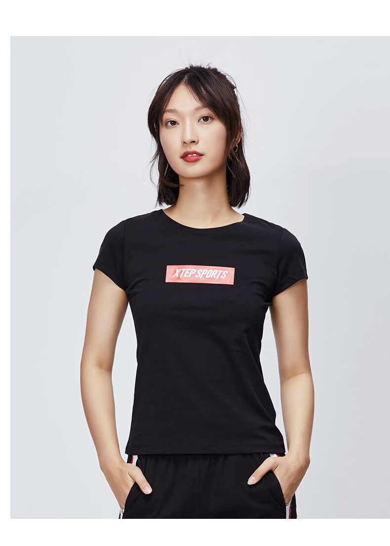 特步女装t恤女圆领宽松半袖休闲运动短袖体恤上衣女dx 桔红 2xl