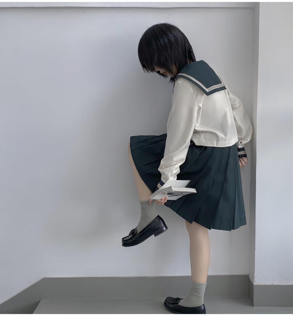 水手服胡桃木jkjk制服水手服女校供感上衣 墨绿奶白 秋夏 长裙 xs