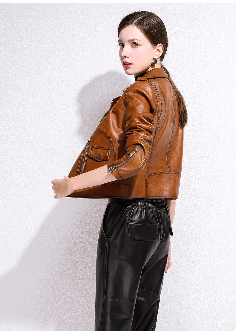 绵羊皮机车外套海宁皮夹克女士皮装哈雷风休闲显瘦真皮小上衣油蜡黄s