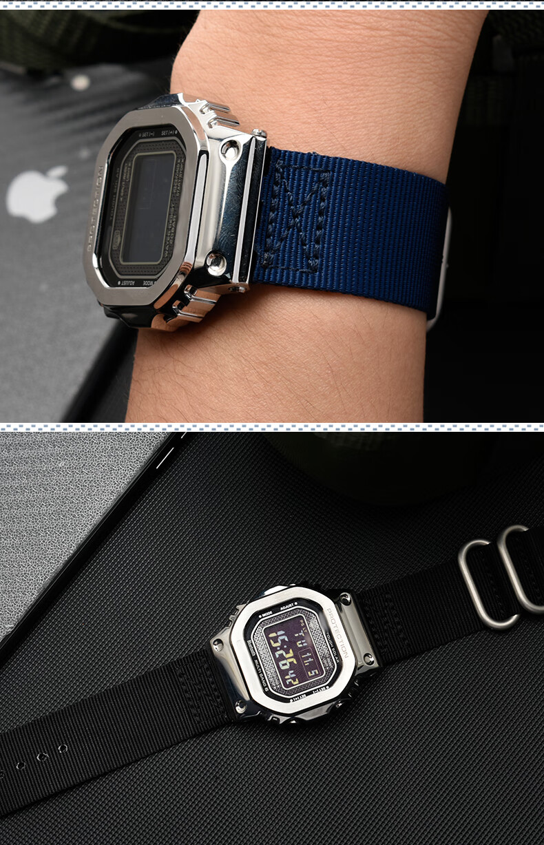 米斯顿 代用卡西欧g-shock 3459 gmw-b5000改装尼龙表带小金/银方块