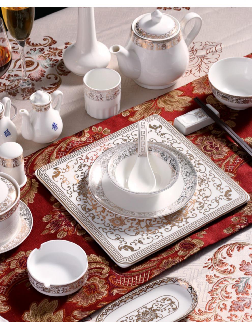 五星级酒店餐具高档中式酒店会所陶瓷摆台餐具套装饭碗单人金边骨碟