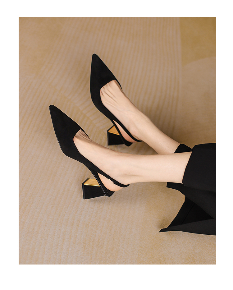 fxso方巷单鞋女2022年夏季新款简约尖头后空高跟粗跟包头凉鞋女 鞋子