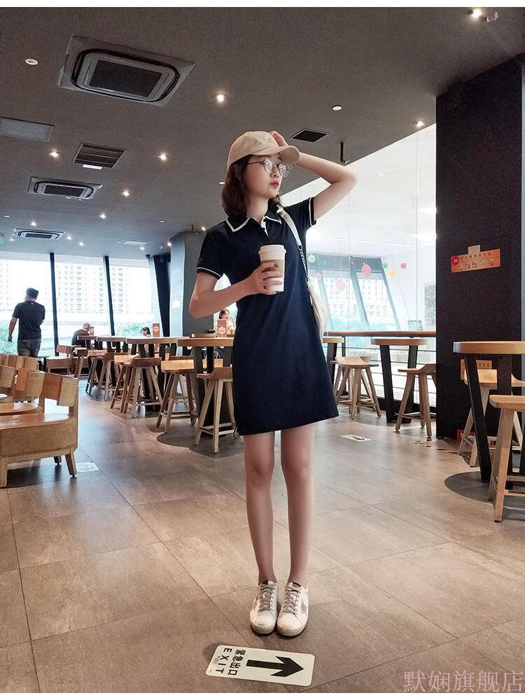 默娴2022纯色休闲连衣裙翻领短袖中长款t恤运动polo裙女夏藏蓝色s