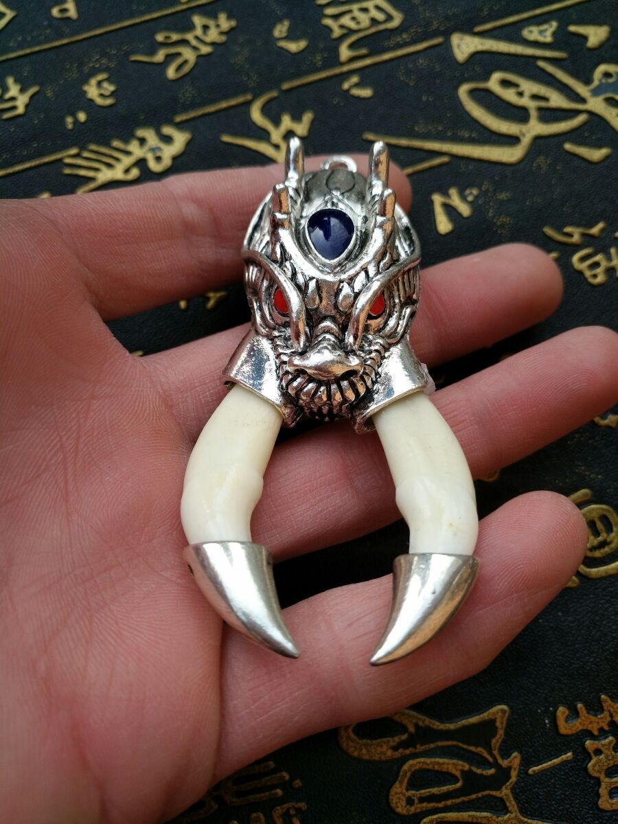 高档品质{中秋节礼物}西藏内蒙狼牙吊坠925银牙套包真黑狗牙宝宝压惊