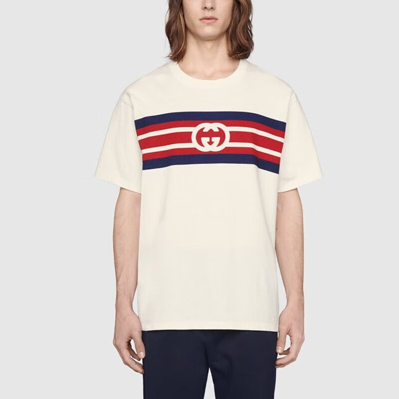 gucci古驰男士t恤 gg条纹印花t恤棉质圆领短袖t恤衫 米白色 s【图片