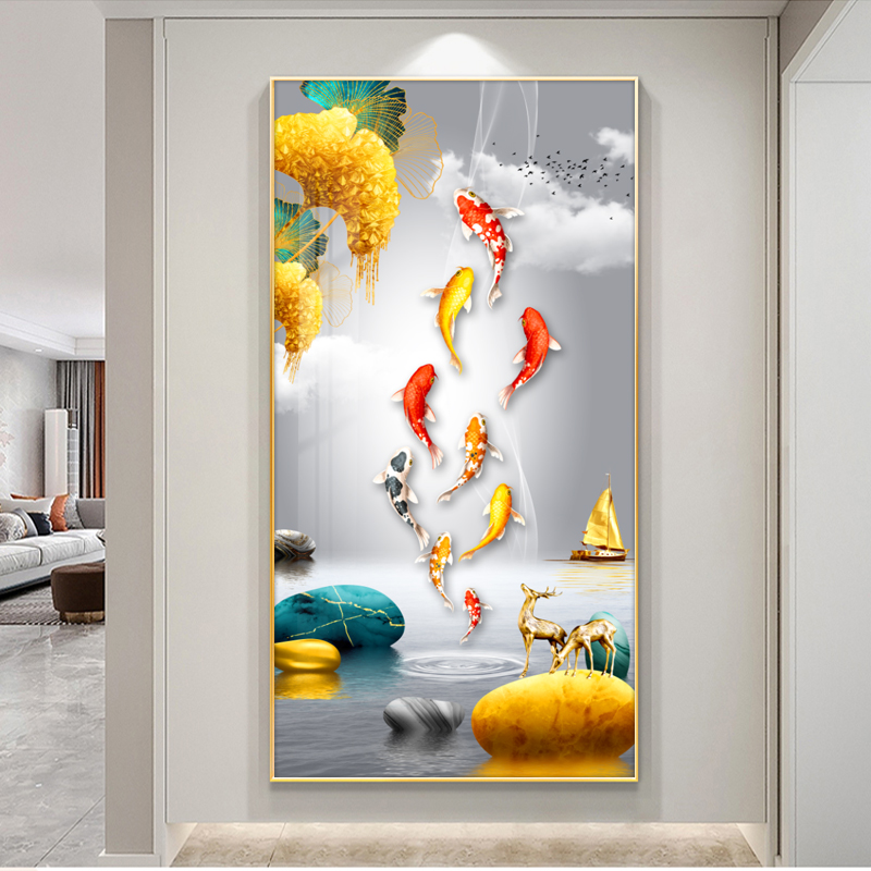 入户玄关装饰画现代简约轻奢锦锂九鱼图客厅背景墙画走廊过道晶瓷镶钻
