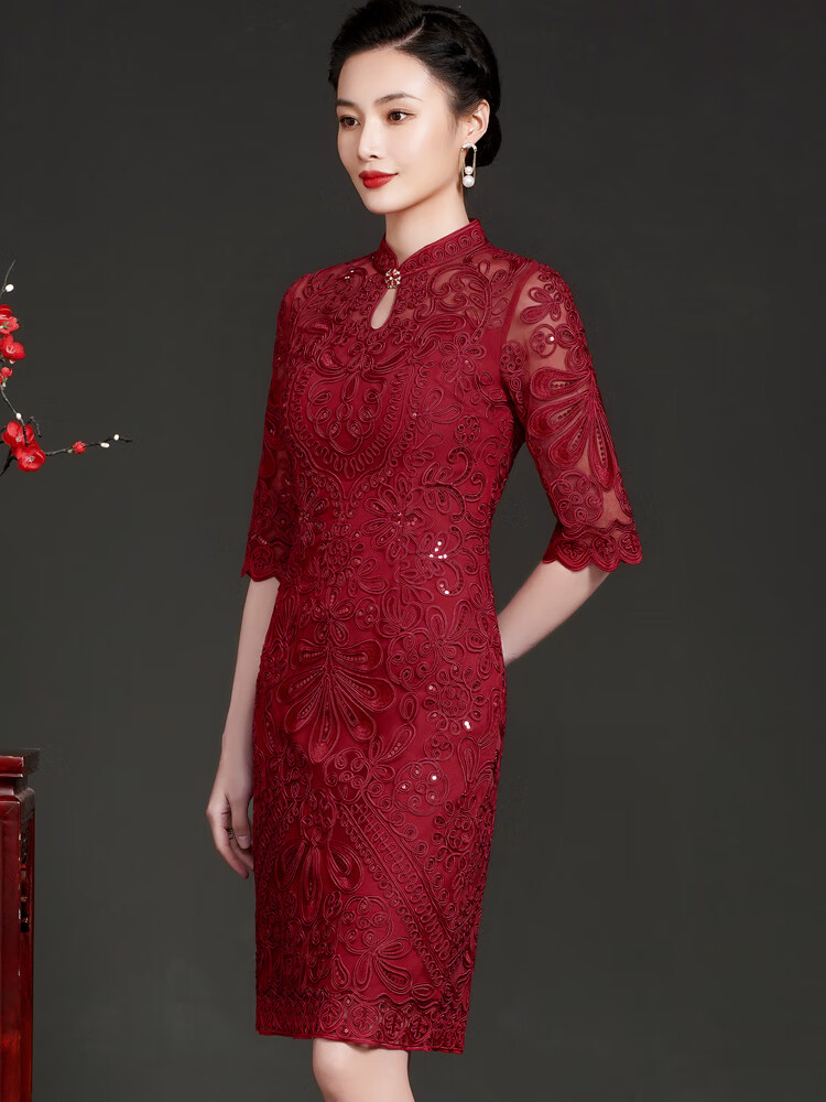 婆婆装婚礼服小个子喜婆婆婚宴装旗袍洋气夏季母亲女儿结婚礼服连衣裙