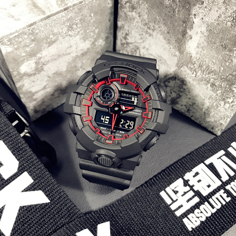 卡西欧 海外代购手表男士黑武士冰韧透明红色学生运动防水电子表ga700