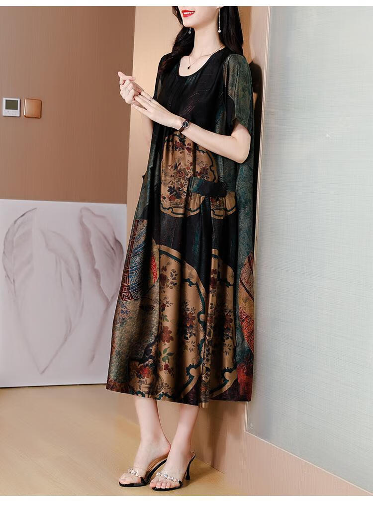 广州13行大码真丝连衣裙加肥加大夏高档装杭州真丝连衣裙大码香云纱桑