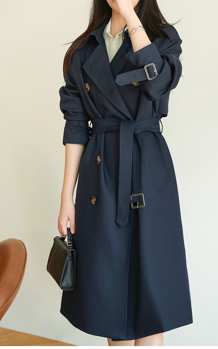 chartres高端免熨风衣韩版藏青色中长款2021新款秋装外套风衣女f005深