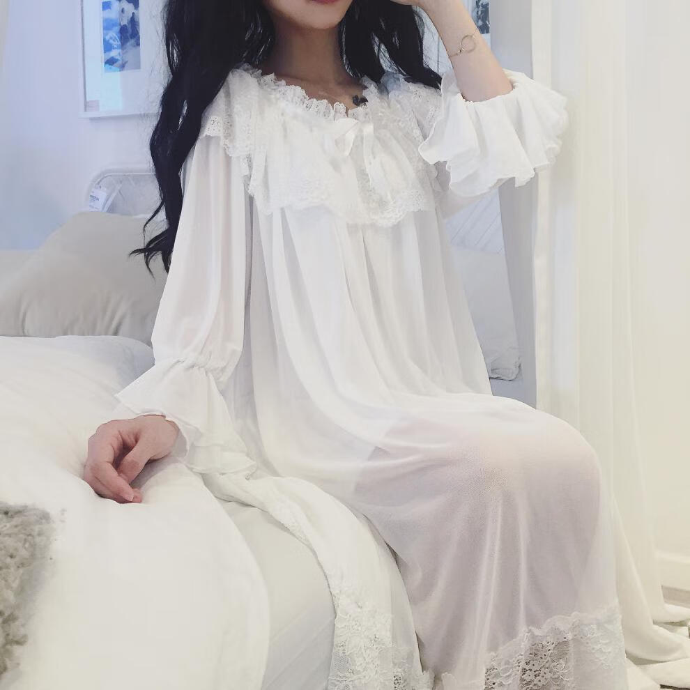新款日系软妹甜美可爱中长款蕾丝网纱仙女连衣裙睡衣睡裙新品 白色