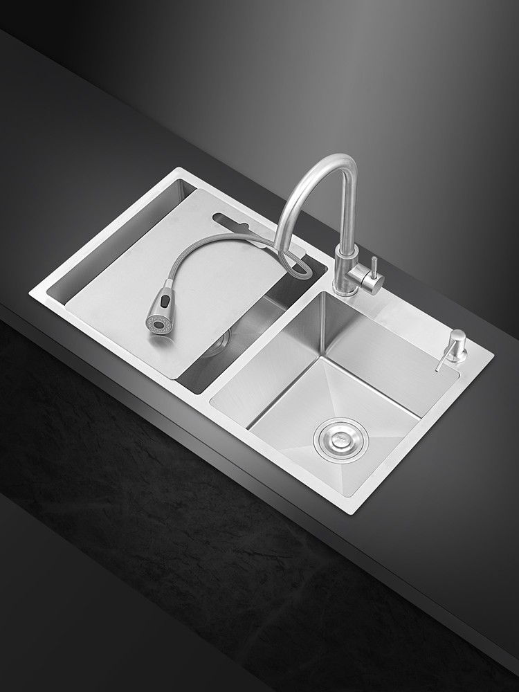 摩恩水槽双槽厨房水槽304不锈钢手工双槽套餐洗菜盆台上台下盆洗碗