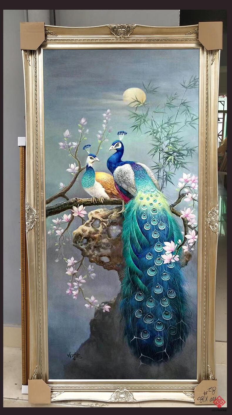 虔生缘纯手绘油画巨幅孔雀欧式玄关装饰画中式客厅挂画美式过道壁画竖