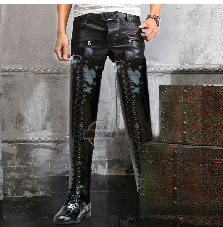 高筒皮靴男士靴马靴过膝长筒男靴系带朋克摇滚表演靴牛仔靴品质定制款