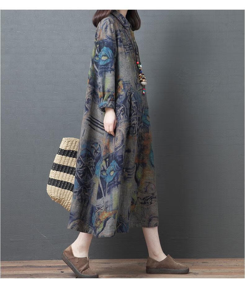 素订棉麻女装官方素素杭州连衣裙女秋冬宽松大码复古翻领长袖显瘦中长