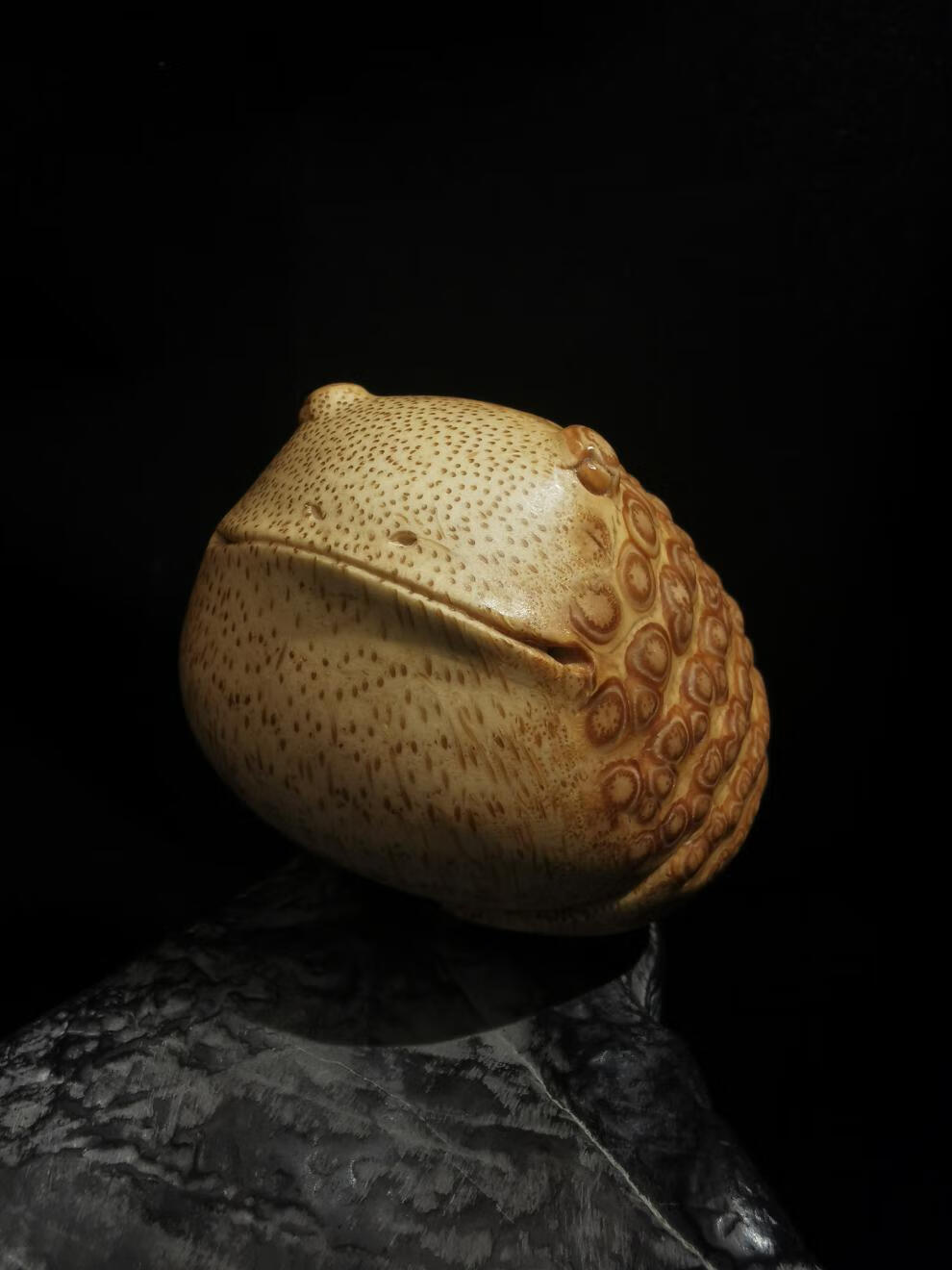 竹根雕金蟾汇雅斋竹根雕名家陈航君满钉地包天金蟾肚圆面笑好运手把件