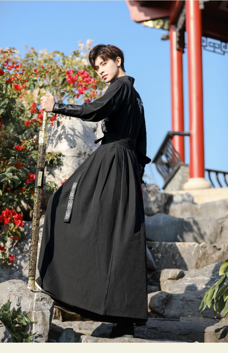 中国风原创汉服男装夏天交领古风武侠剑客暗黑色系班服演出服套装帕孚