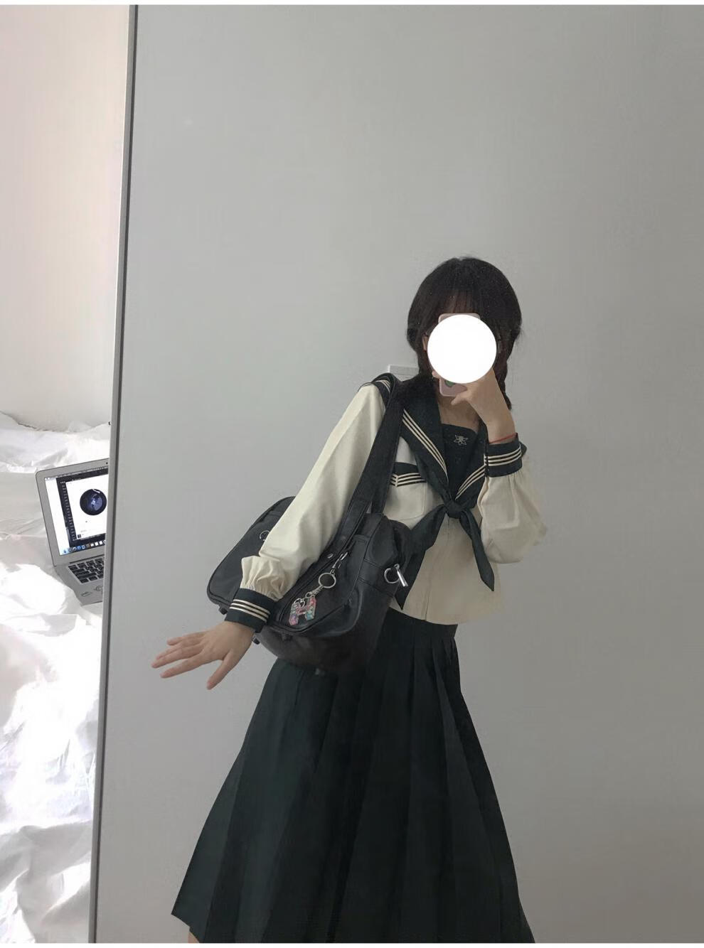 水手服胡桃木jkjk制服水手服女校供感上衣 墨绿奶白 秋夏 长裙 xs