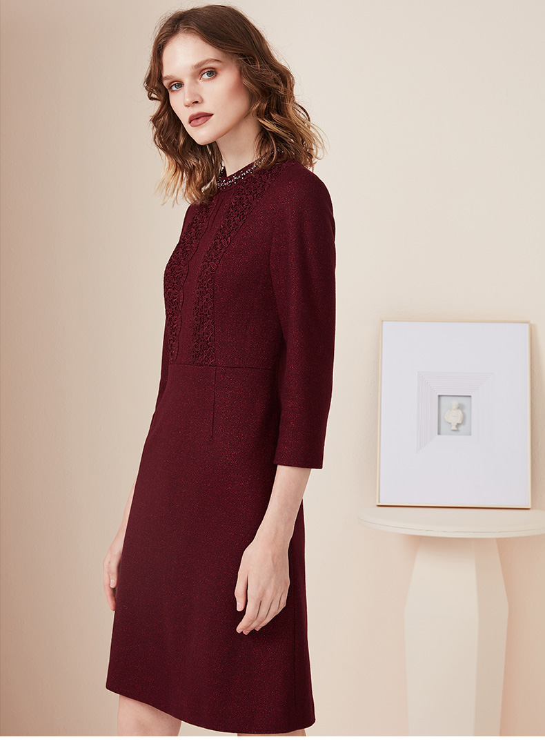 皮尔卡丹女装专柜正品秋季新款酒红色优雅连衣裙p94dl08t0酒红42b175